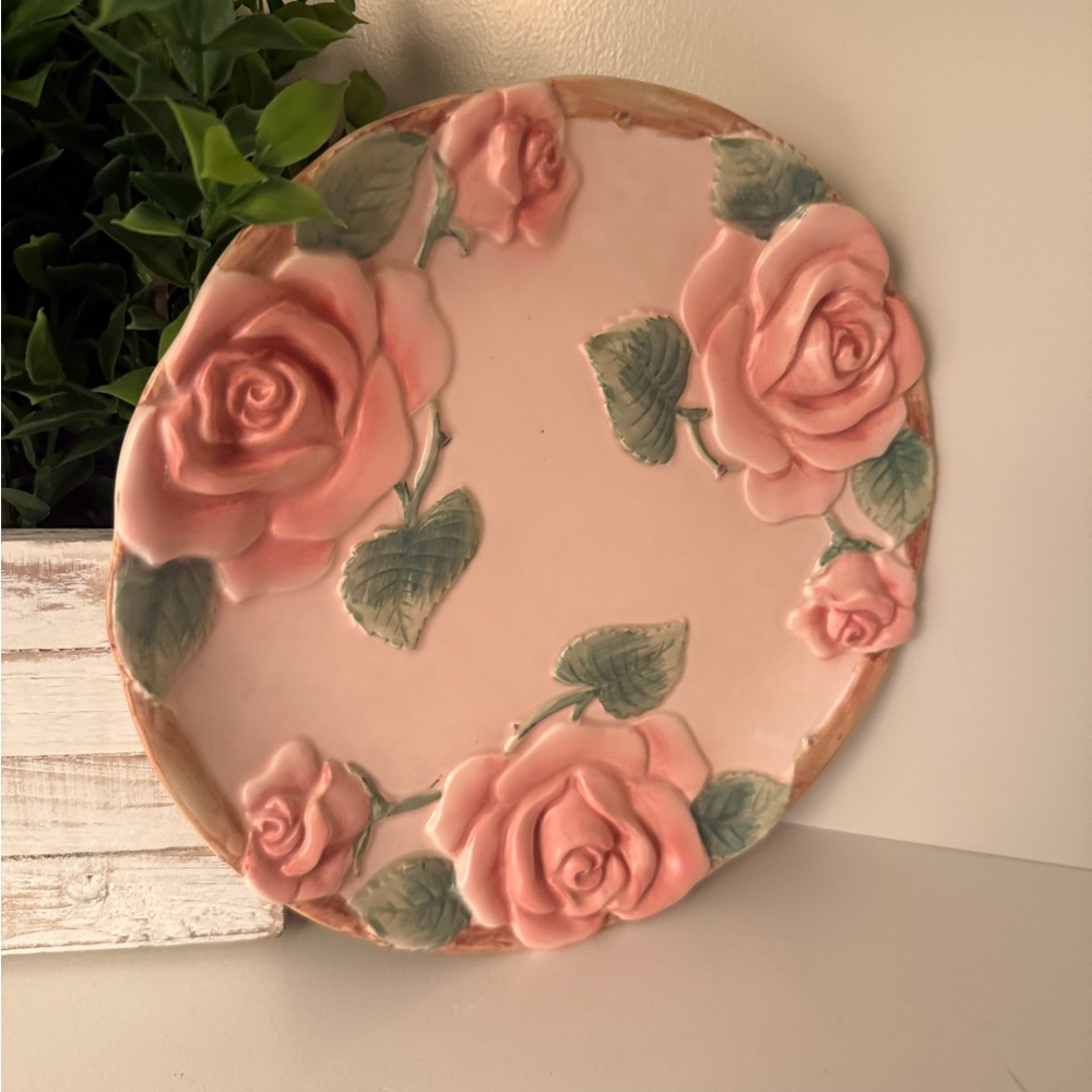 Fitz & Floyd Blushing Rose Embossed Pink Floral Ceramic Plate Serving Piece 1987
